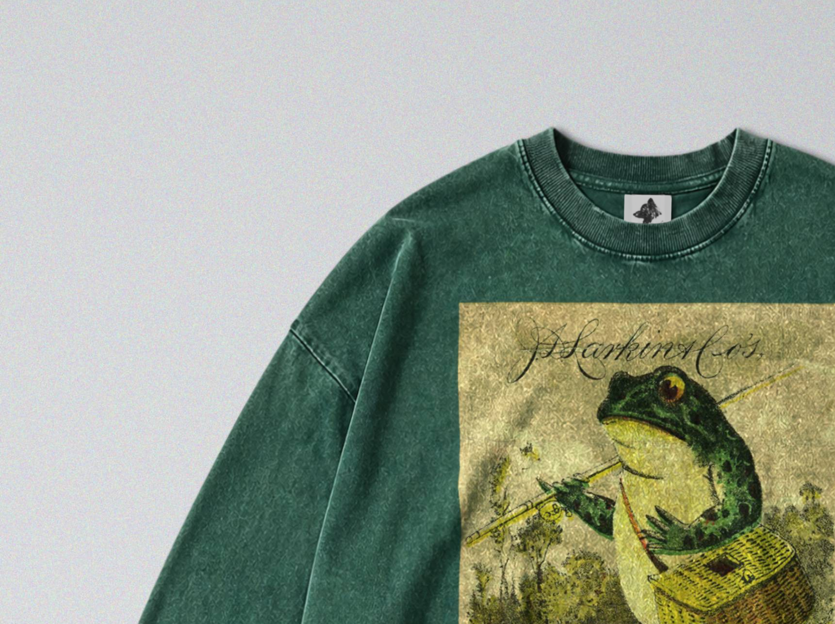 Oversized Snow Washed Long Sleeve Cotton Tee - Frog Going Fishing Print