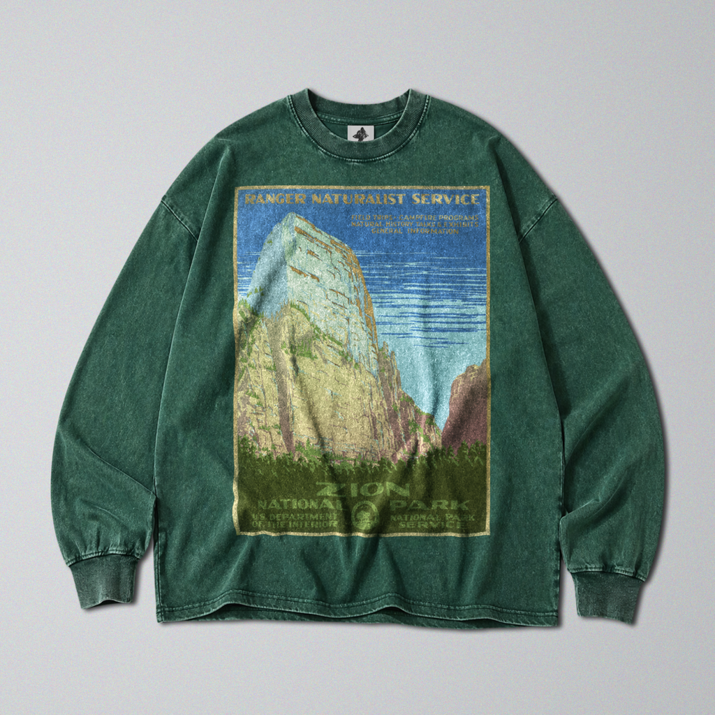 Oversized Snow Washed Long Sleeve Cotton Tee - Zion National Park Print