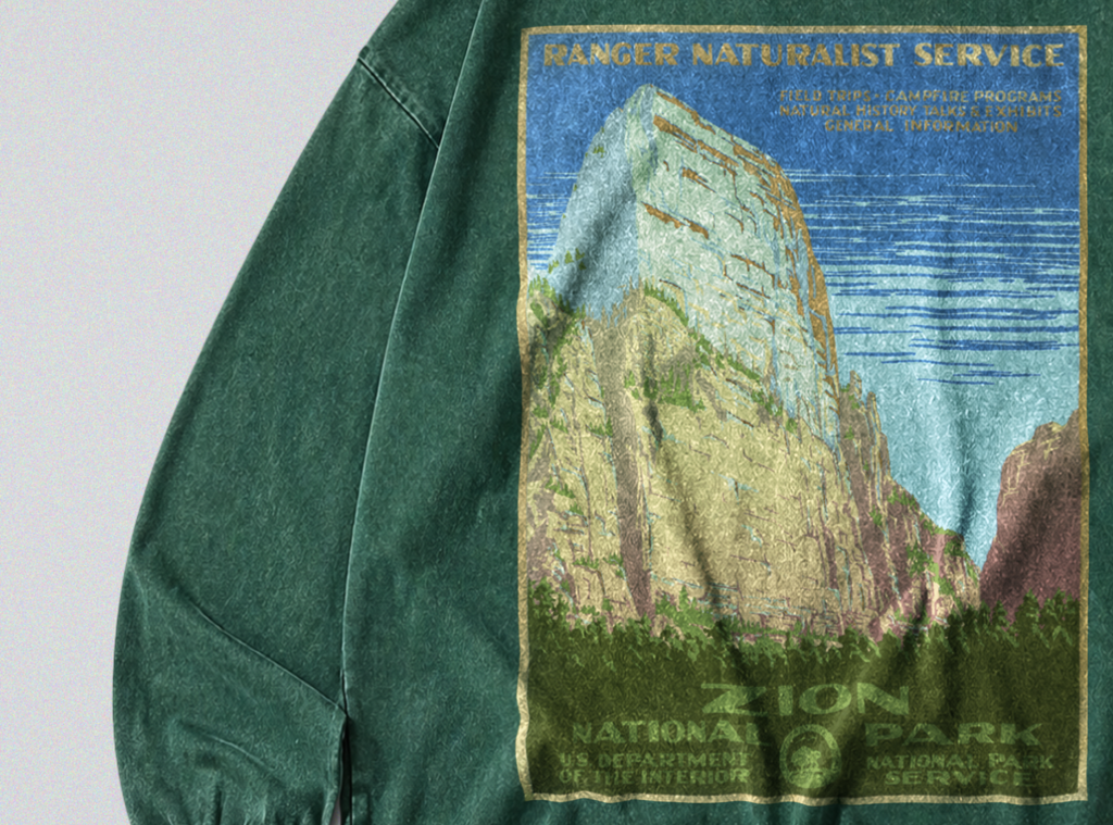 Oversized Snow Washed Long Sleeve Cotton Tee - Zion National Park Print