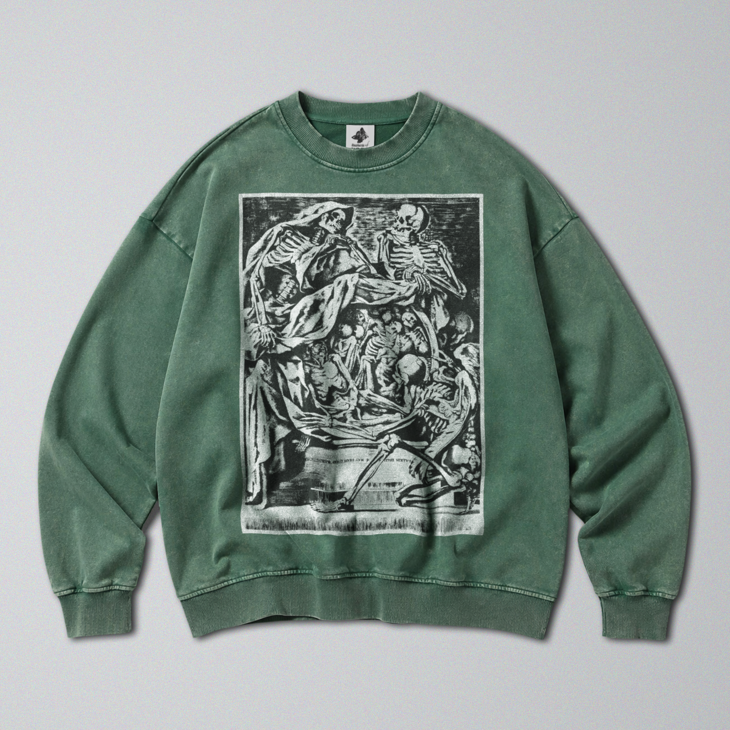 Oversized Snow Washed Cotton Sweatshirt - Macabre Skeletons Print