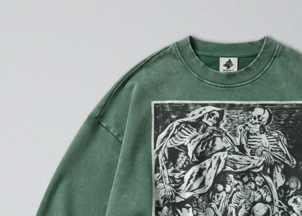 Oversized Snow Washed Cotton Sweatshirt - Macabre Skeletons Print