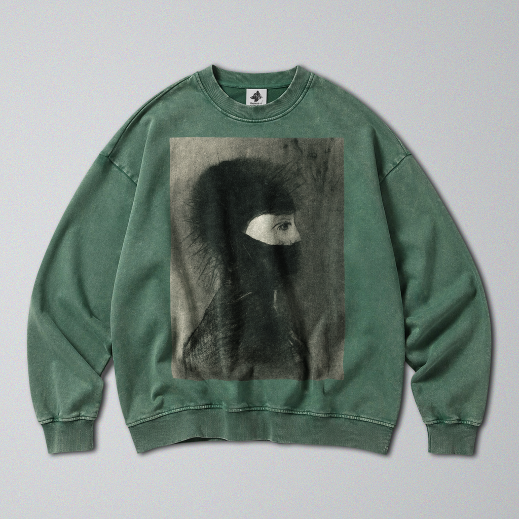 Oversized Snow Washed Cotton Sweatshirt - Haunting Odilon Redon Print