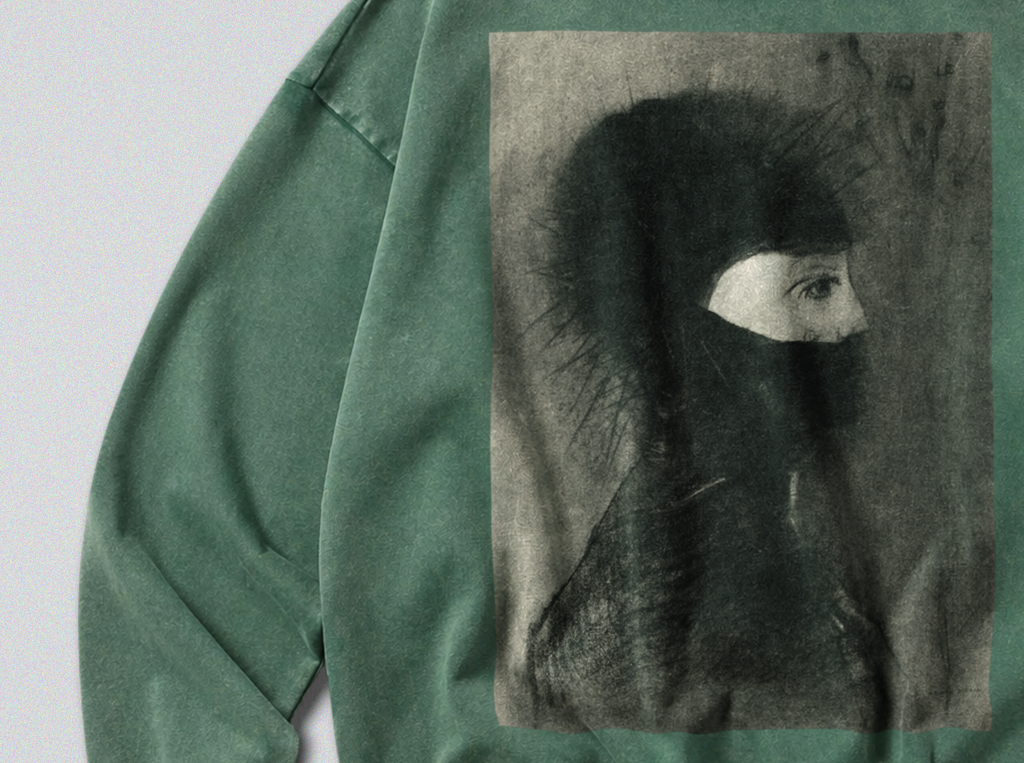 Oversized Snow Washed Cotton Sweatshirt - Haunting Odilon Redon Print