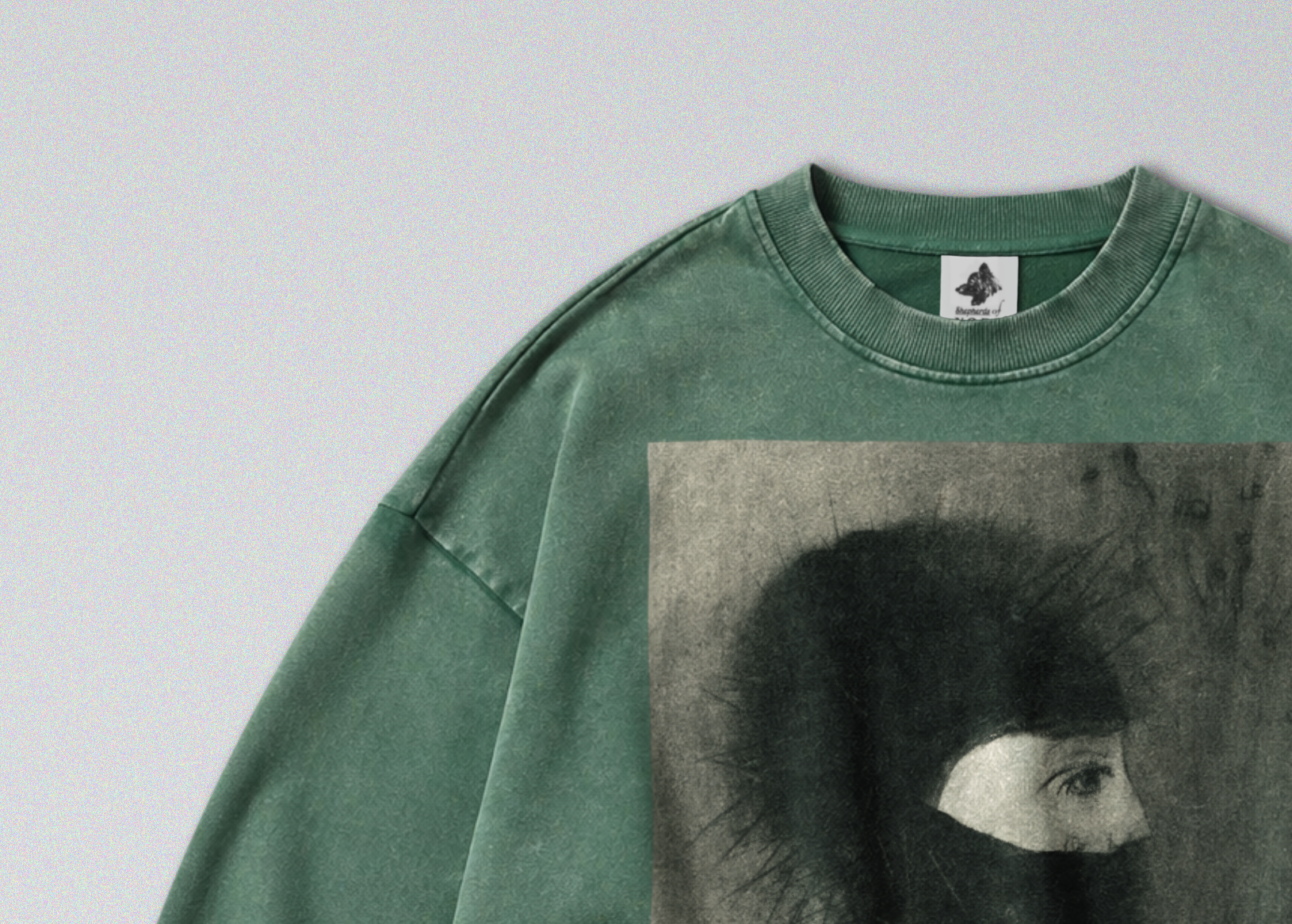Oversized Snow Washed Cotton Sweatshirt - Haunting Odilon Redon Print