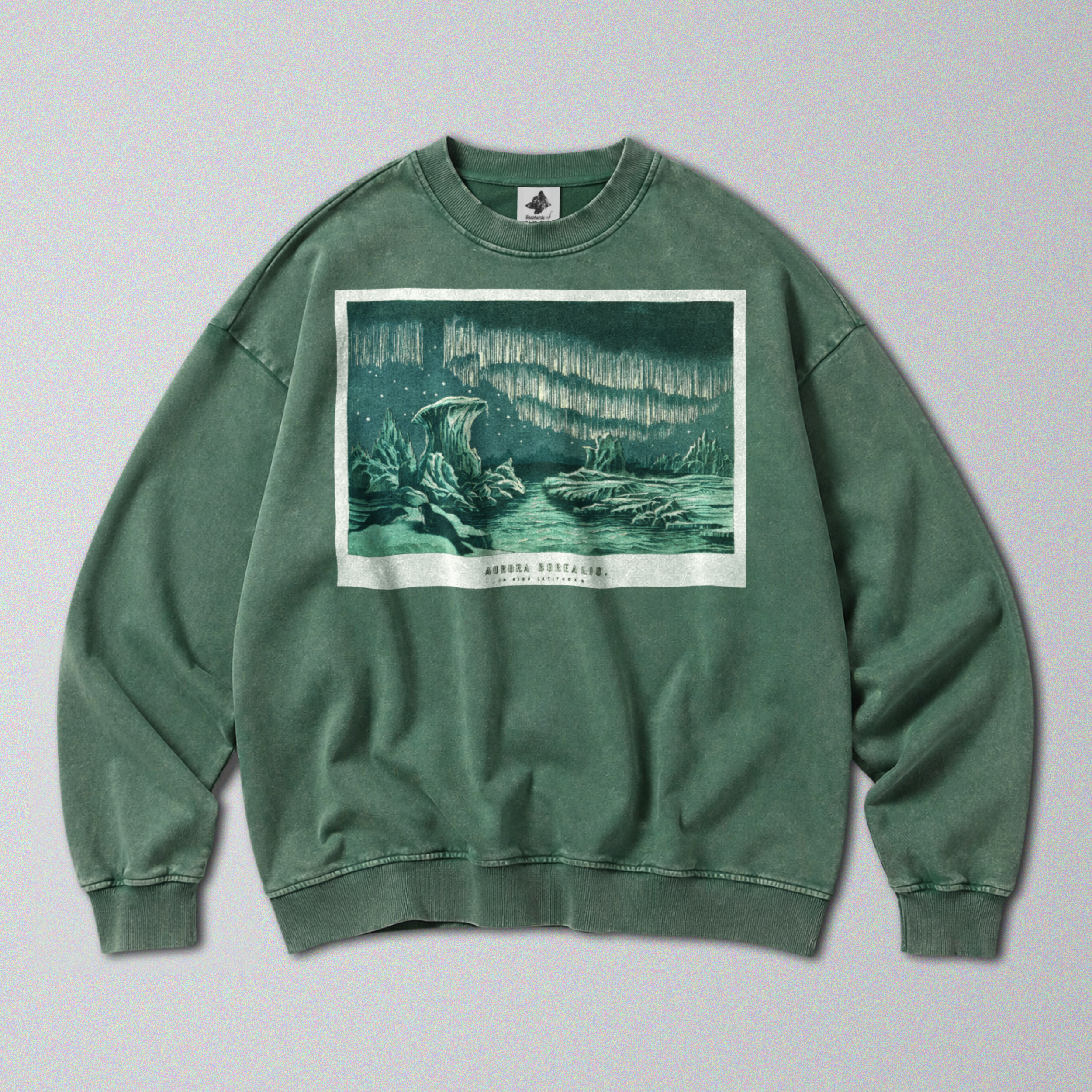 Oversized Snow Washed Cotton Sweatshirt - Arctic Northern Lights Print