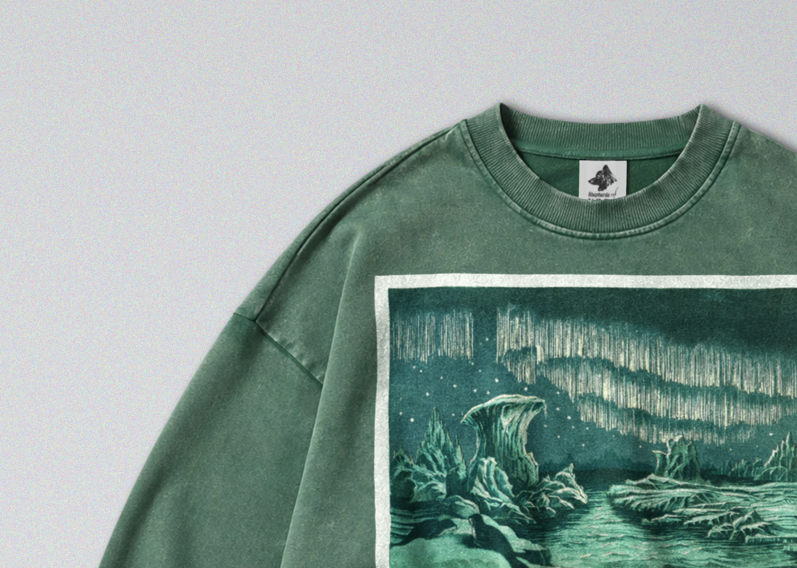 Oversized Snow Washed Cotton Sweatshirt - Arctic Northern Lights Print