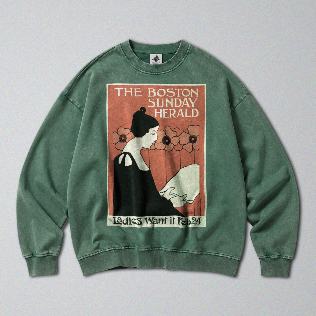 Oversized Snow Washed Cotton Sweatshirt - Boston Sunday Herald Print