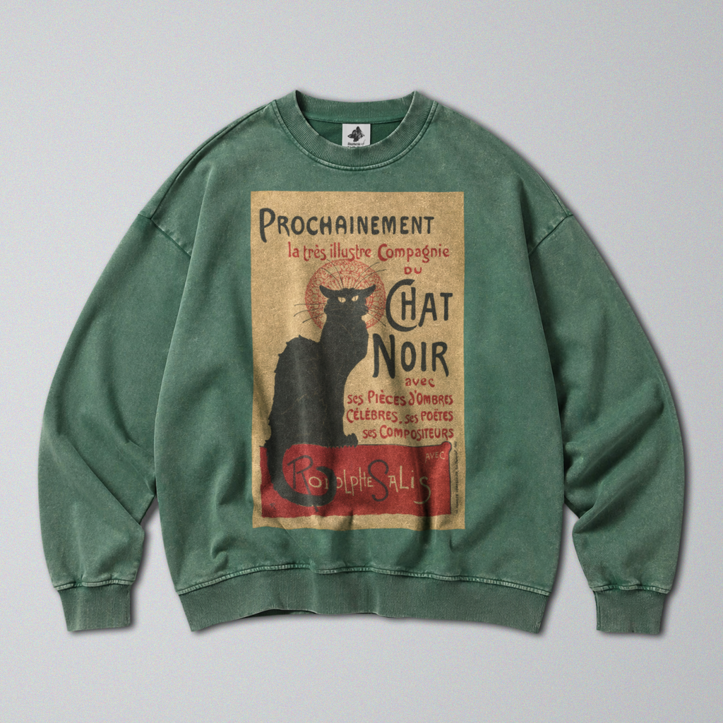 Oversized Snow Washed Cotton Sweatshirt - Chat Noir Print