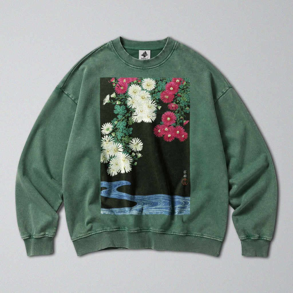 Oversized Snow Washed Cotton Sweatshirt - Japanese Chrysanthemums Print