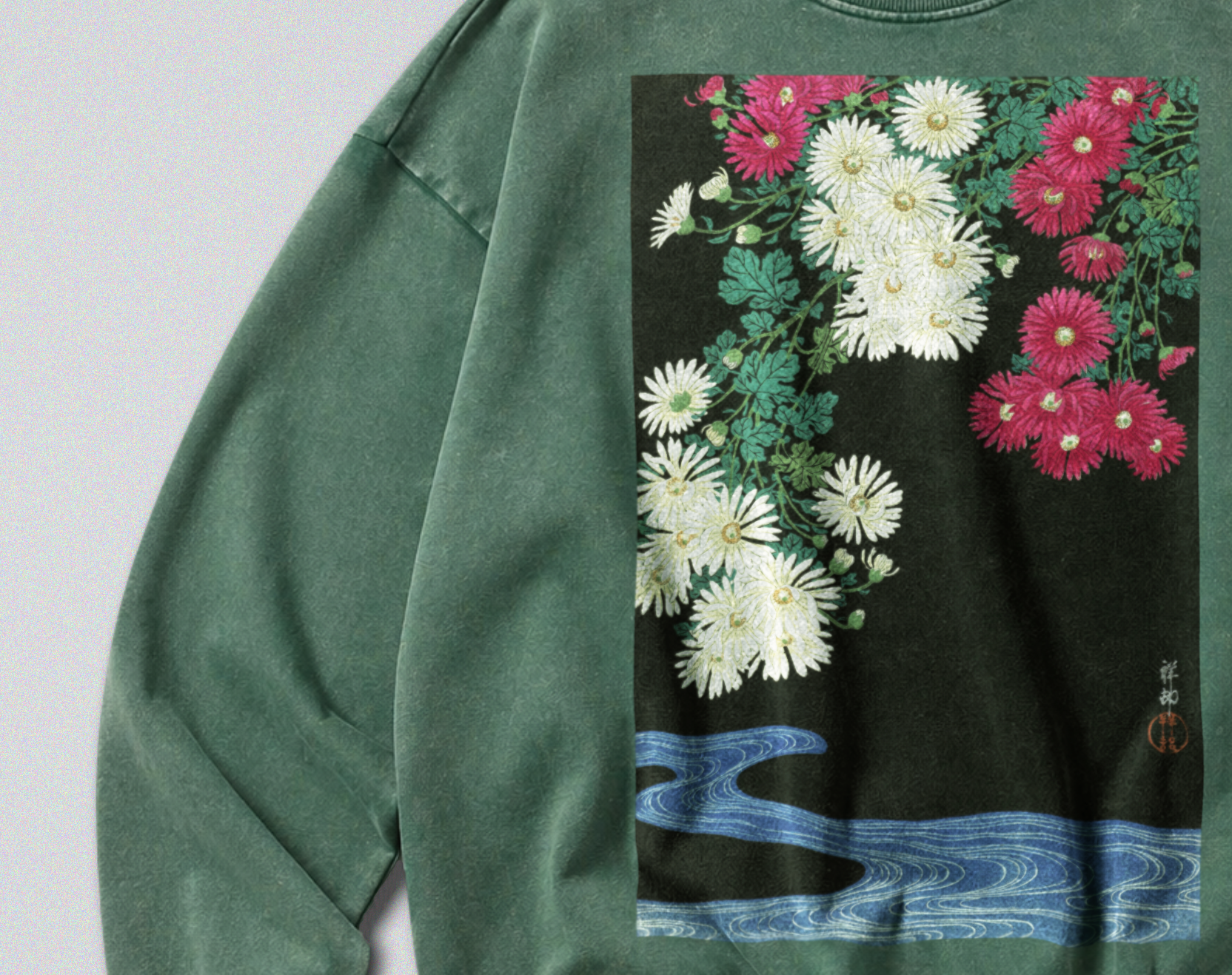 Oversized Snow Washed Cotton Sweatshirt - Japanese Chrysanthemums Print