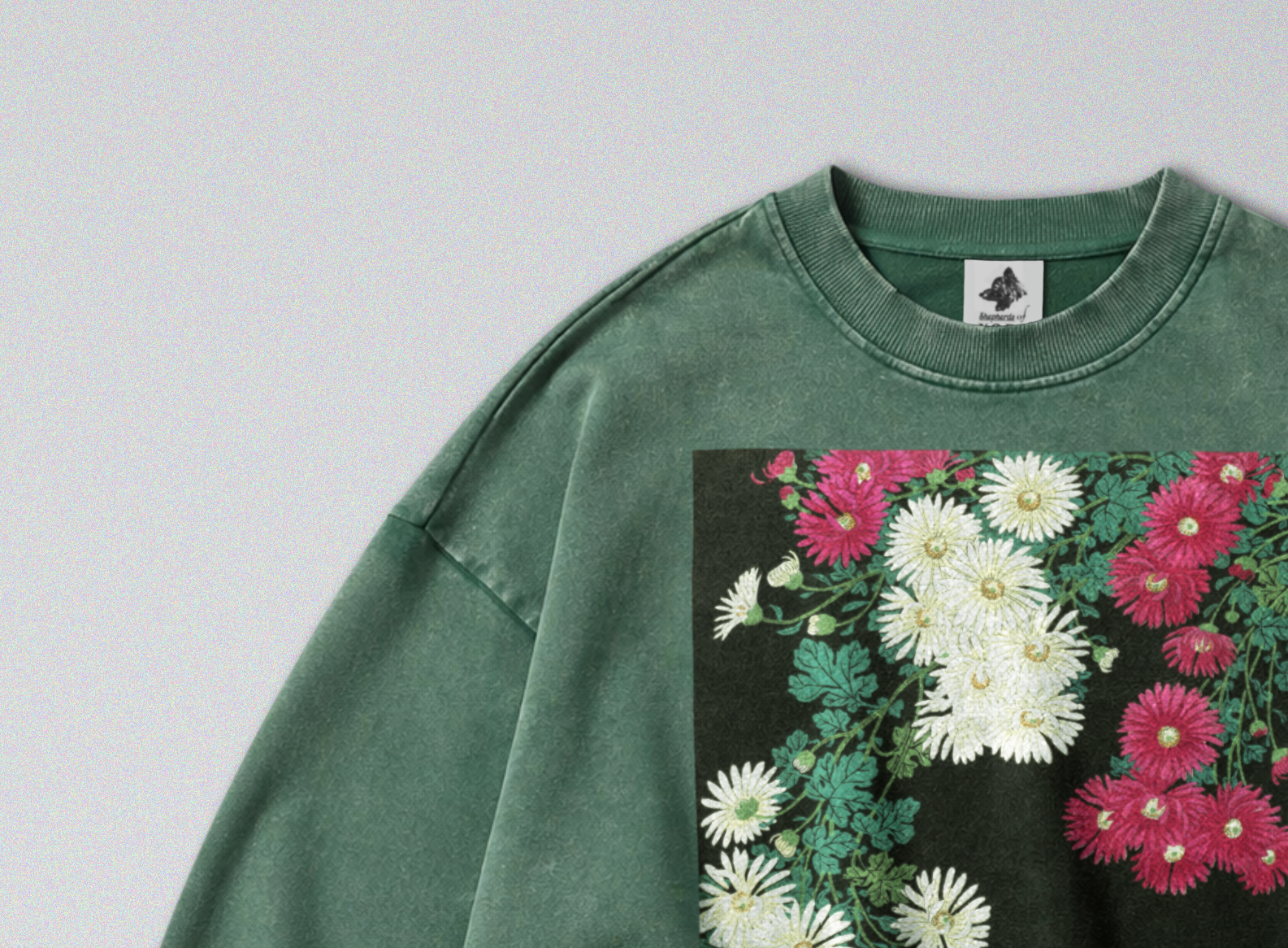 Oversized Snow Washed Cotton Sweatshirt - Japanese Chrysanthemums Print