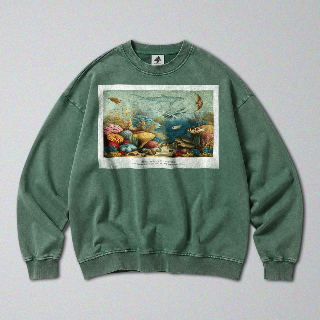 Oversized Snow Washed Cotton Sweatshirt - Colorful Coral Reef Print