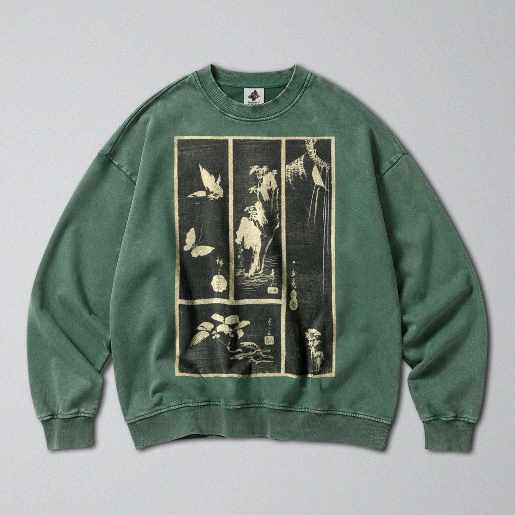 Oversized Snow Washed Cotton Sweatshirt - Japanese Harimaze Nature Print