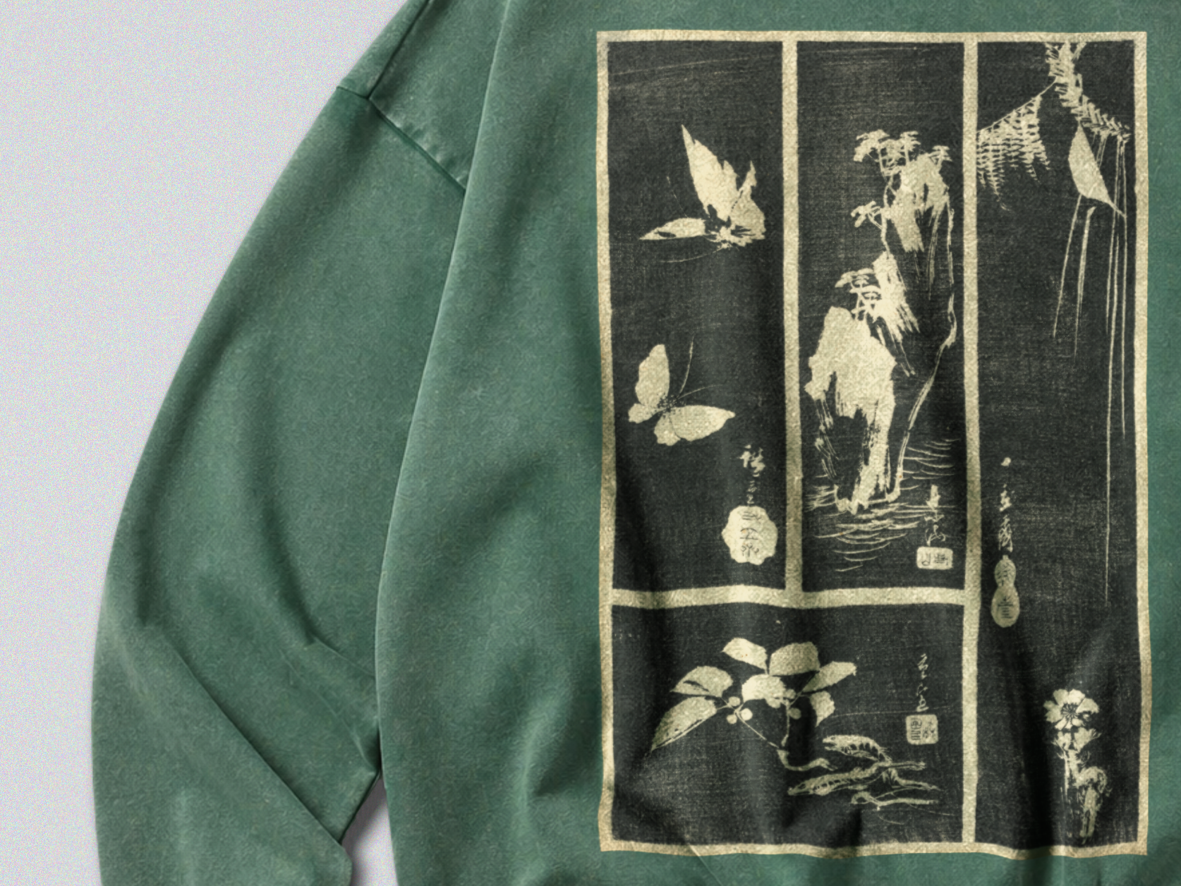 Oversized Snow Washed Cotton Sweatshirt - Japanese Harimaze Nature Print