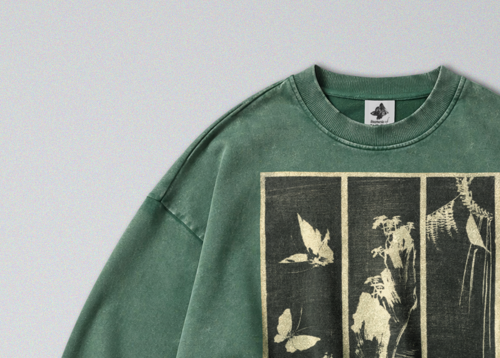 Oversized Snow Washed Cotton Sweatshirt - Japanese Harimaze Nature Print