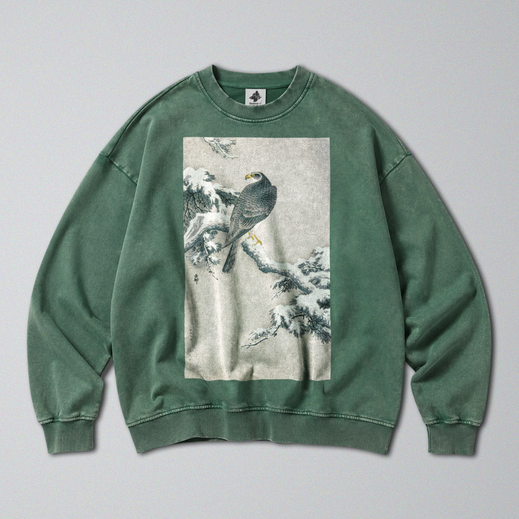 Oversized Snow Washed Cotton Sweatshirt - Hawk on Snowy Branch