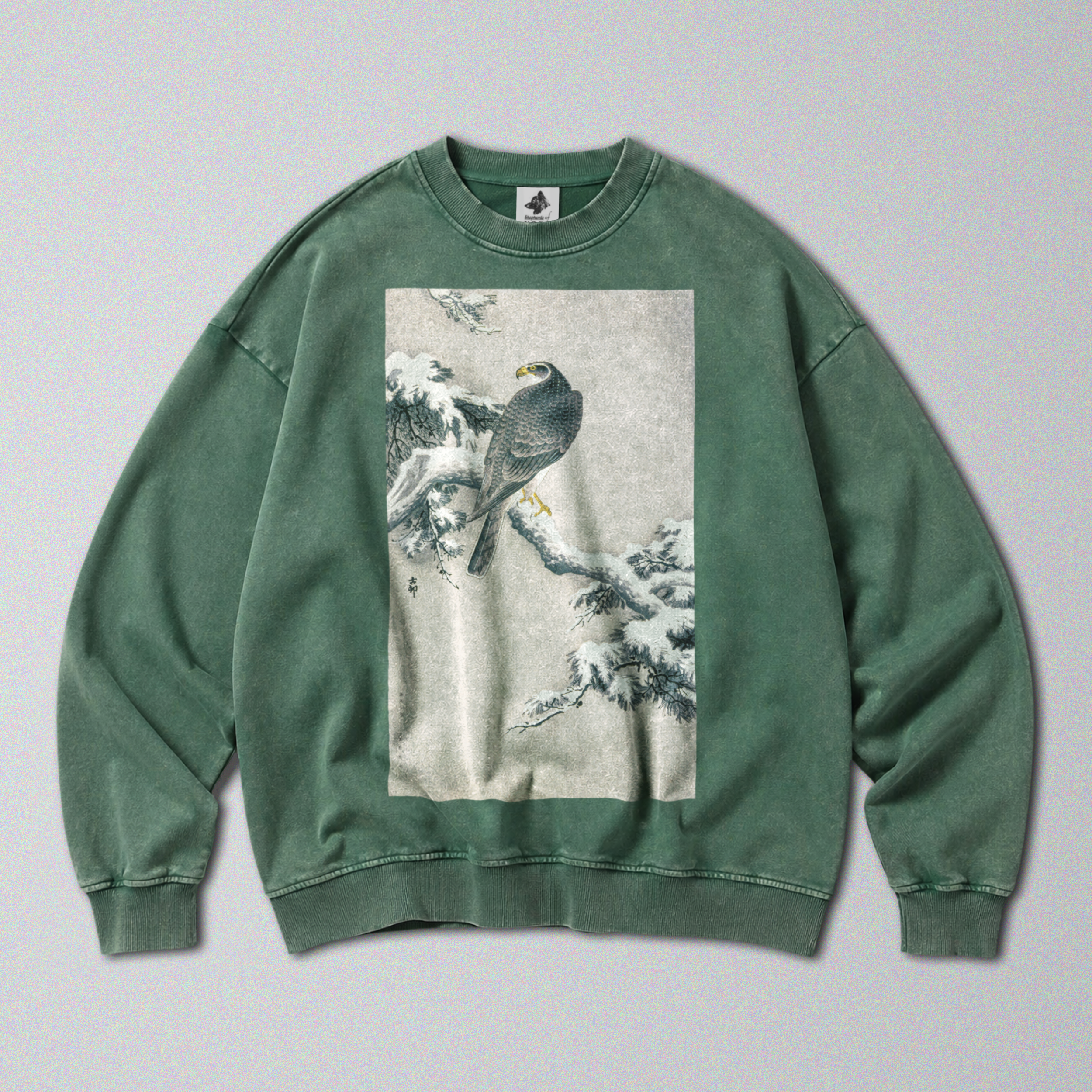 Oversized Snow Washed Cotton Sweatshirt - Hawk on Snowy Branch