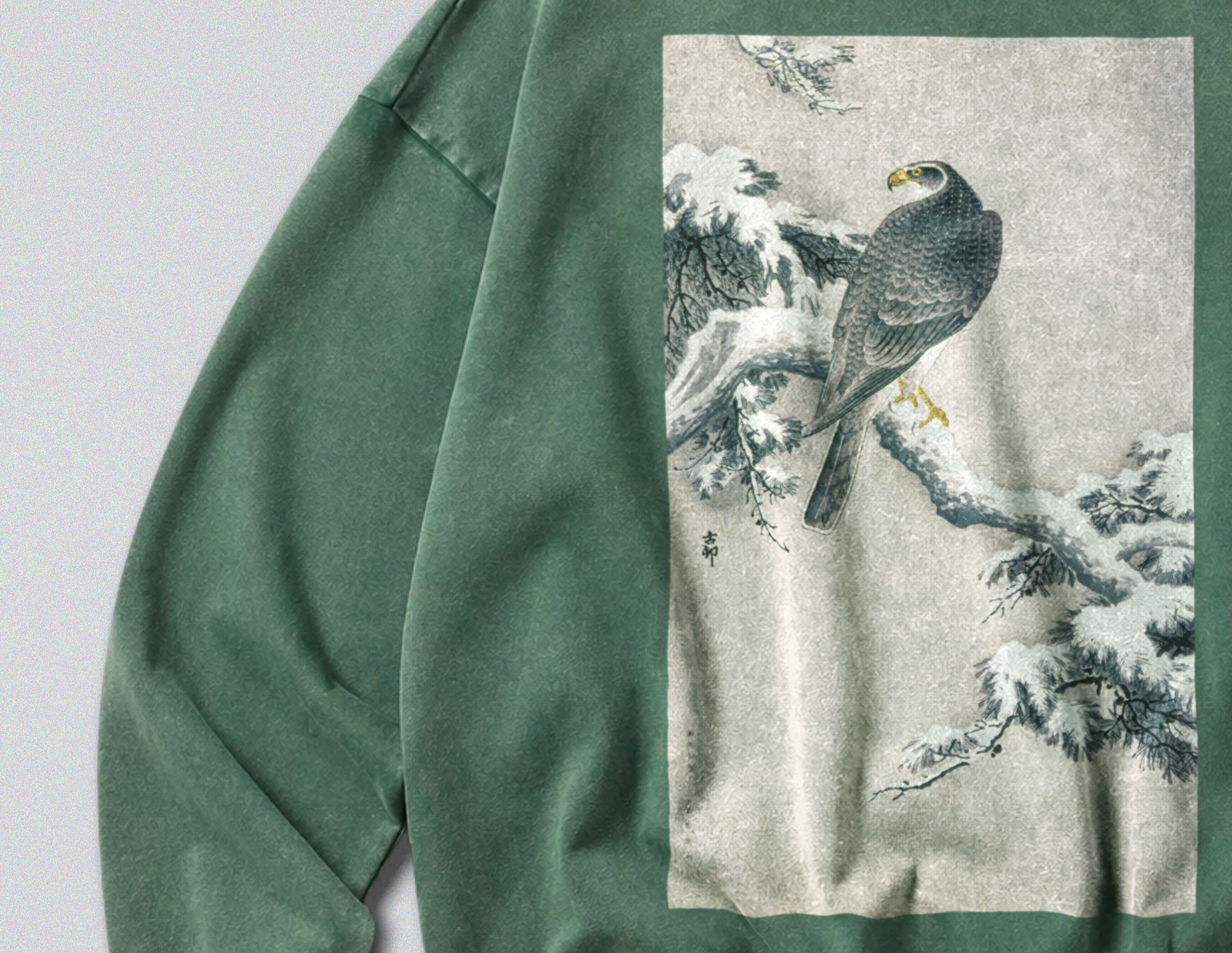 Oversized Snow Washed Cotton Sweatshirt - Hawk on Snowy Branch
