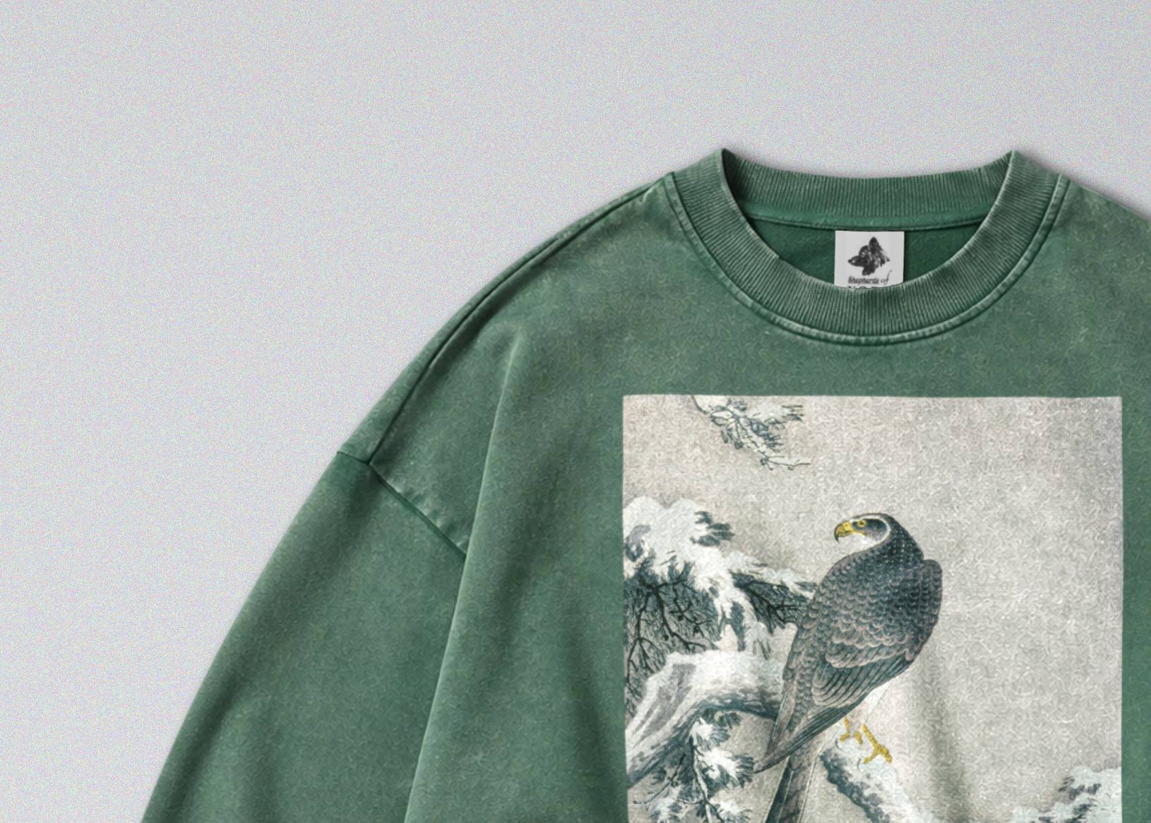 Oversized Snow Washed Cotton Sweatshirt - Hawk on Snowy Branch