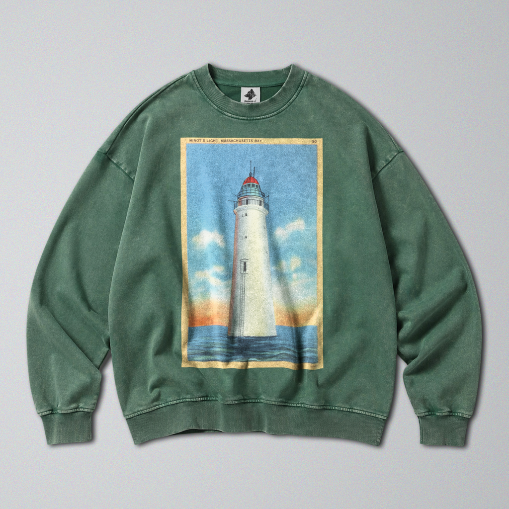 Oversized Snow Washed Cotton Sweatshirt - Lighthouse at Sea Print