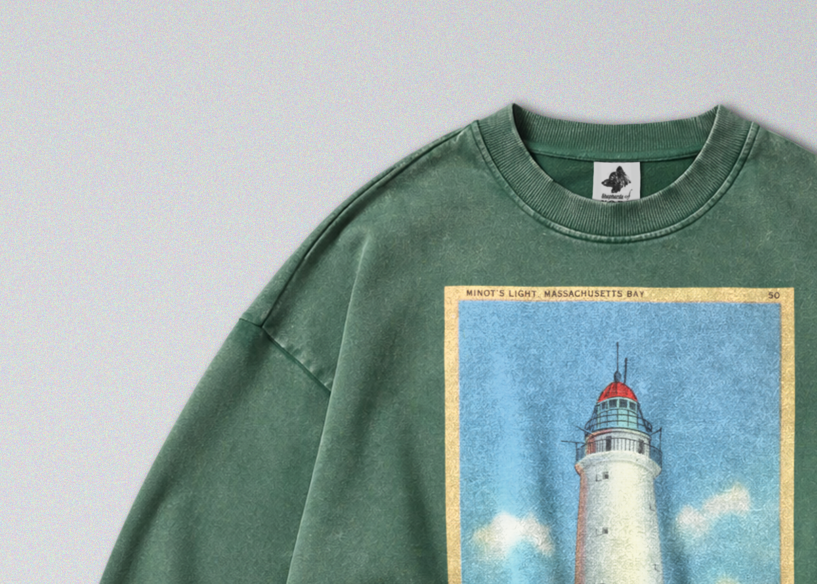 Oversized Snow Washed Cotton Sweatshirt - Lighthouse at Sea Print