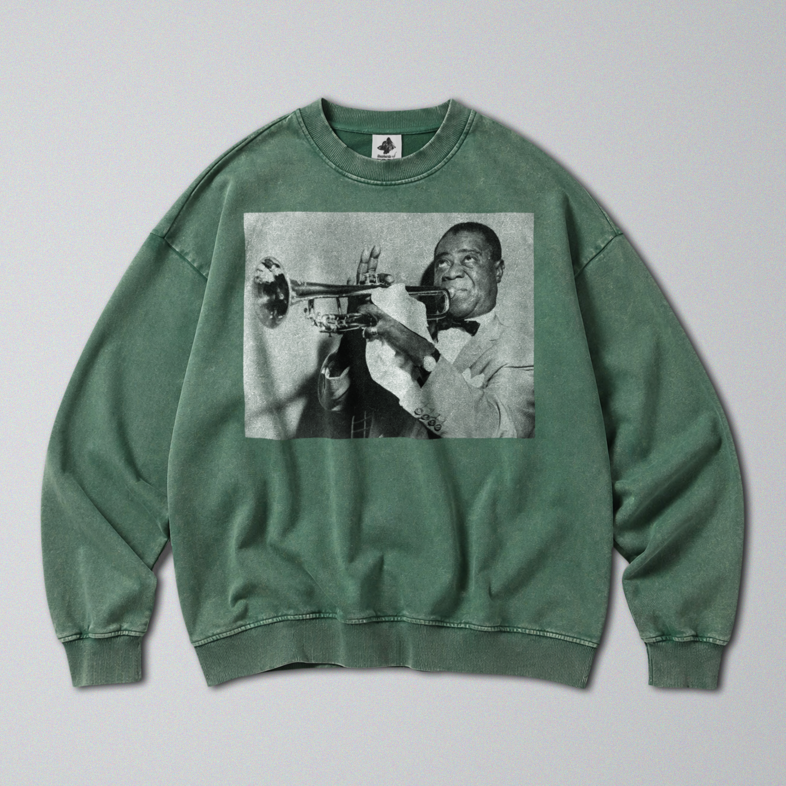 Oversized Snow Washed Cotton Sweatshirt - Iconic Musician Louis Armstrong Print