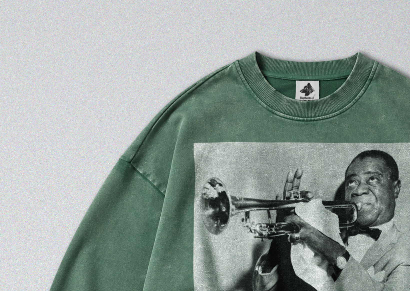 Oversized Snow Washed Cotton Sweatshirt - Iconic Musician Louis Armstrong Print
