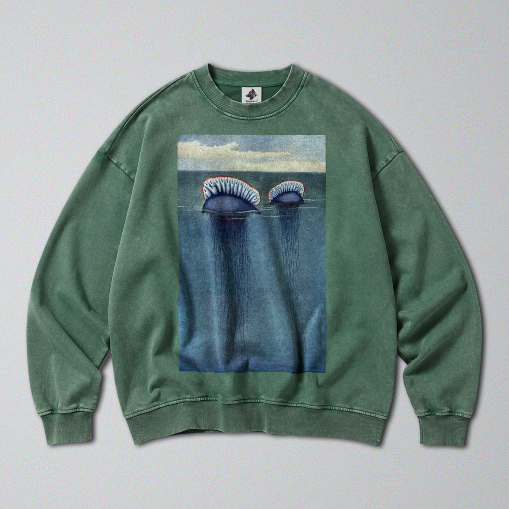 Oversized Snow Washed Cotton Sweatshirt - Portuguese Man O' War Print