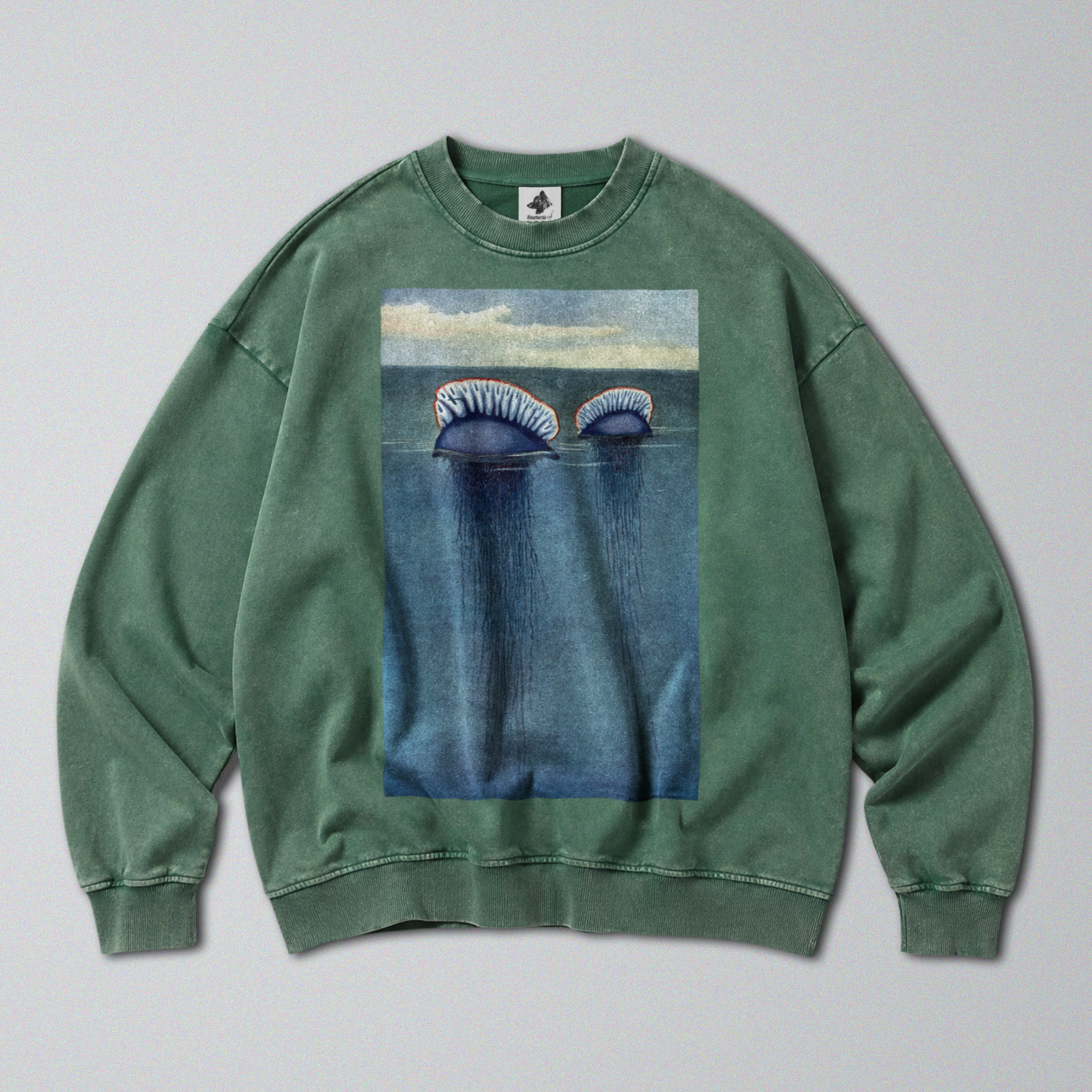 Oversized Snow Washed Cotton Sweatshirt - Portuguese Man O' War Print