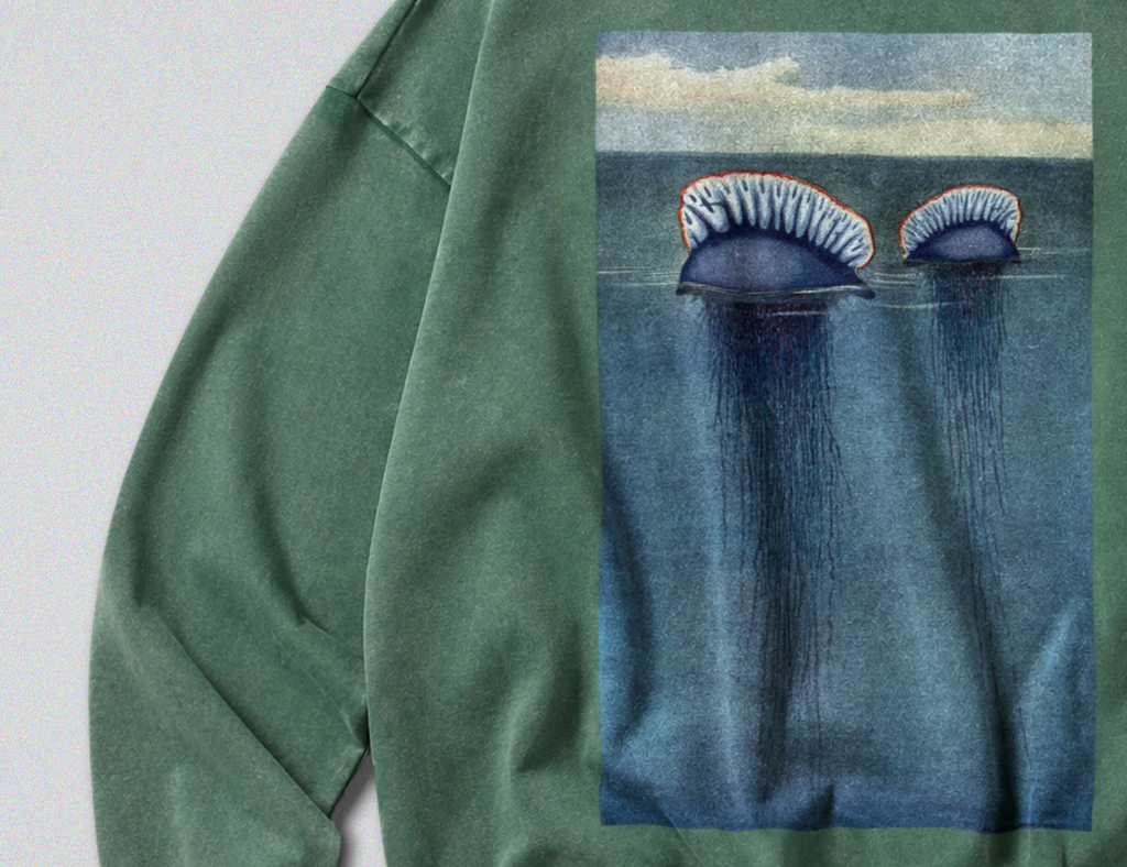 Oversized Snow Washed Cotton Sweatshirt - Portuguese Man O' War Print