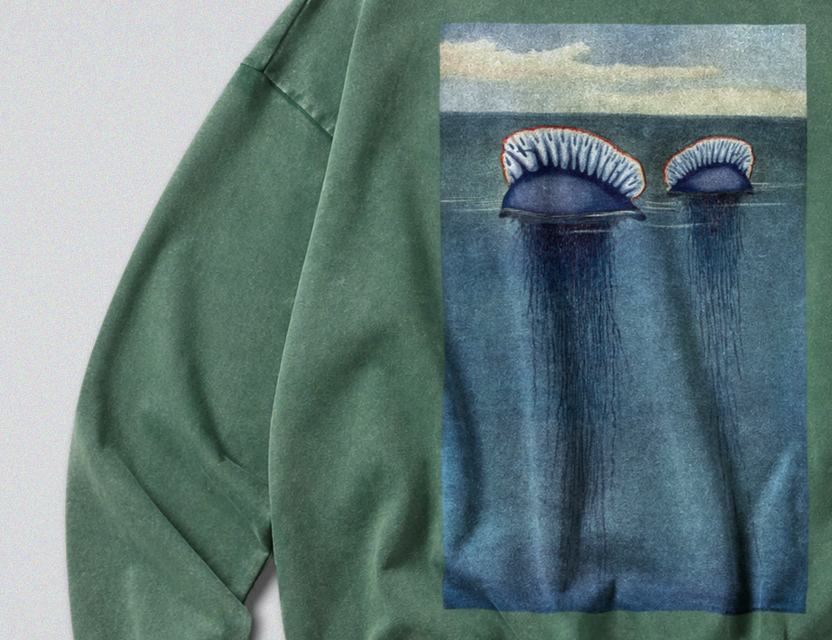 Oversized Snow Washed Cotton Sweatshirt - Portuguese Man O' War Print