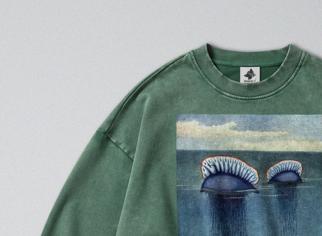 Oversized Snow Washed Cotton Sweatshirt - Portuguese Man O' War Print