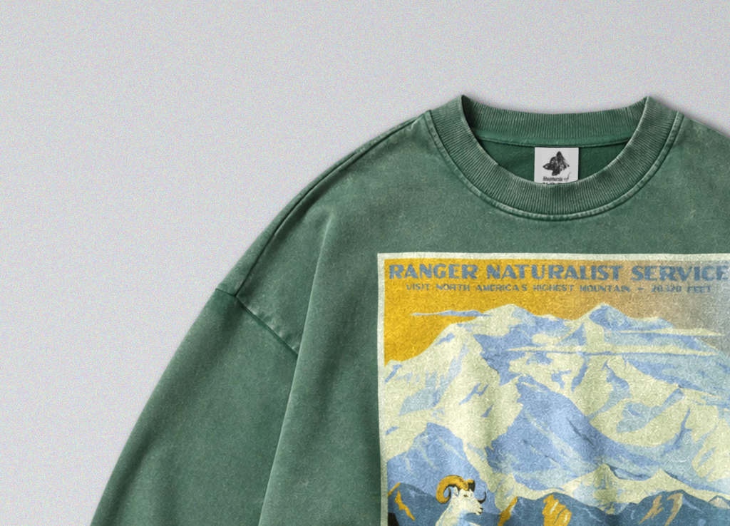 Oversized Snow Washed Cotton Sweatshirt - Mt McKinley National Park Print