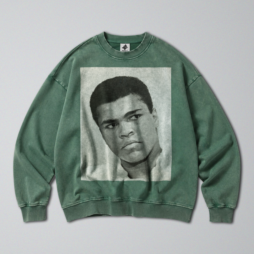 Oversized Snow Washed Cotton Sweatshirt - Boxing Legend Muhammad Ali Print