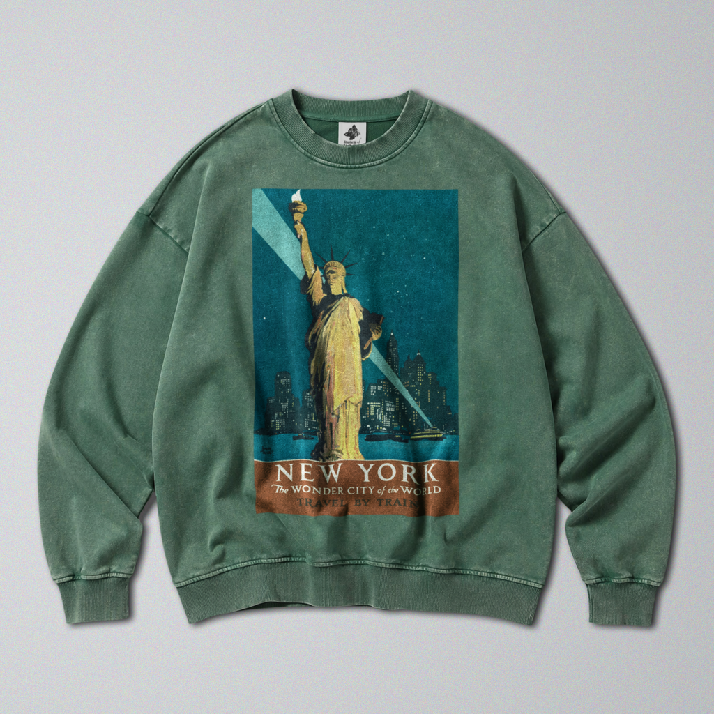 Oversized Snow Washed Cotton Sweatshirt - Statue of Liberty Print