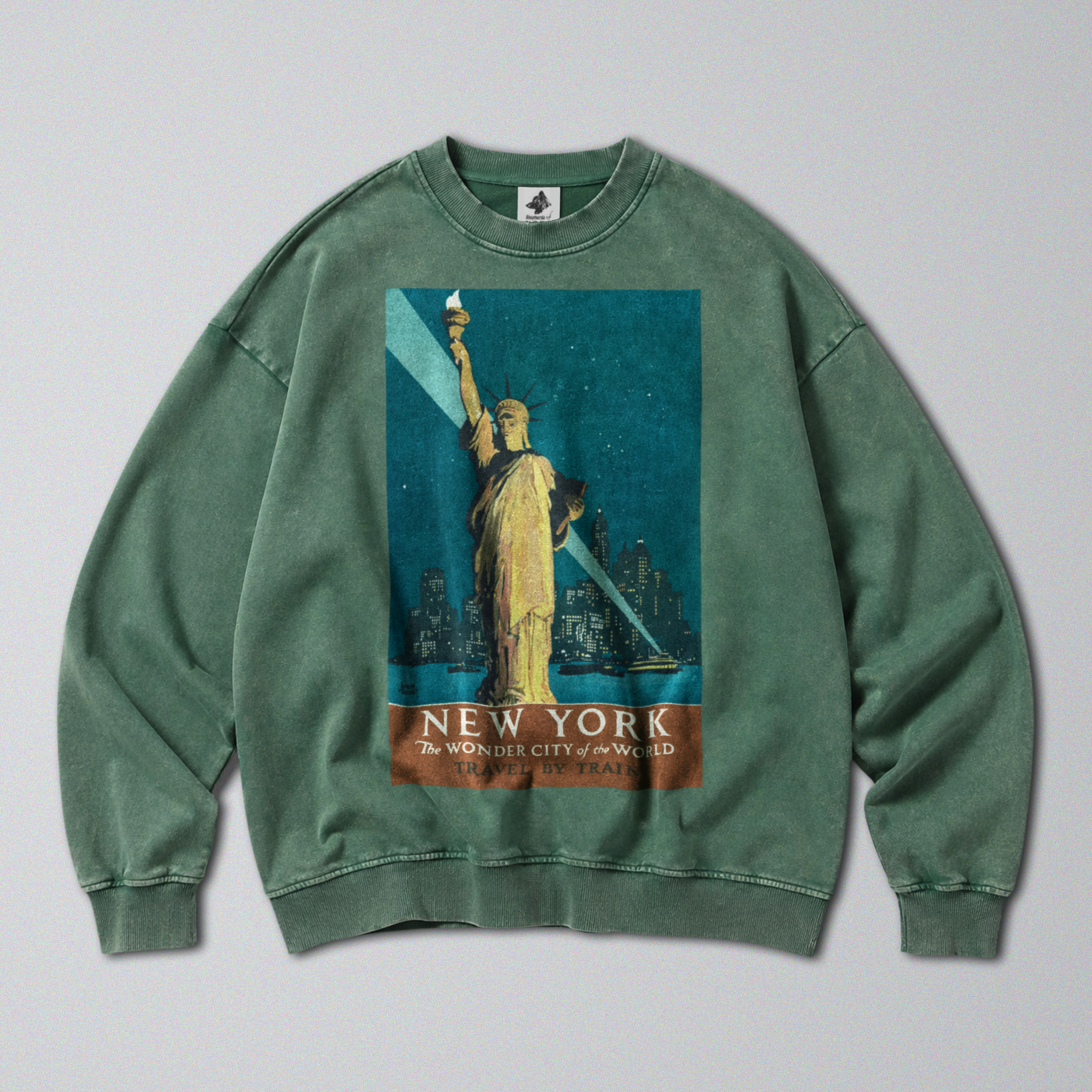 Oversized Snow Washed Cotton Sweatshirt - Statue of Liberty Print