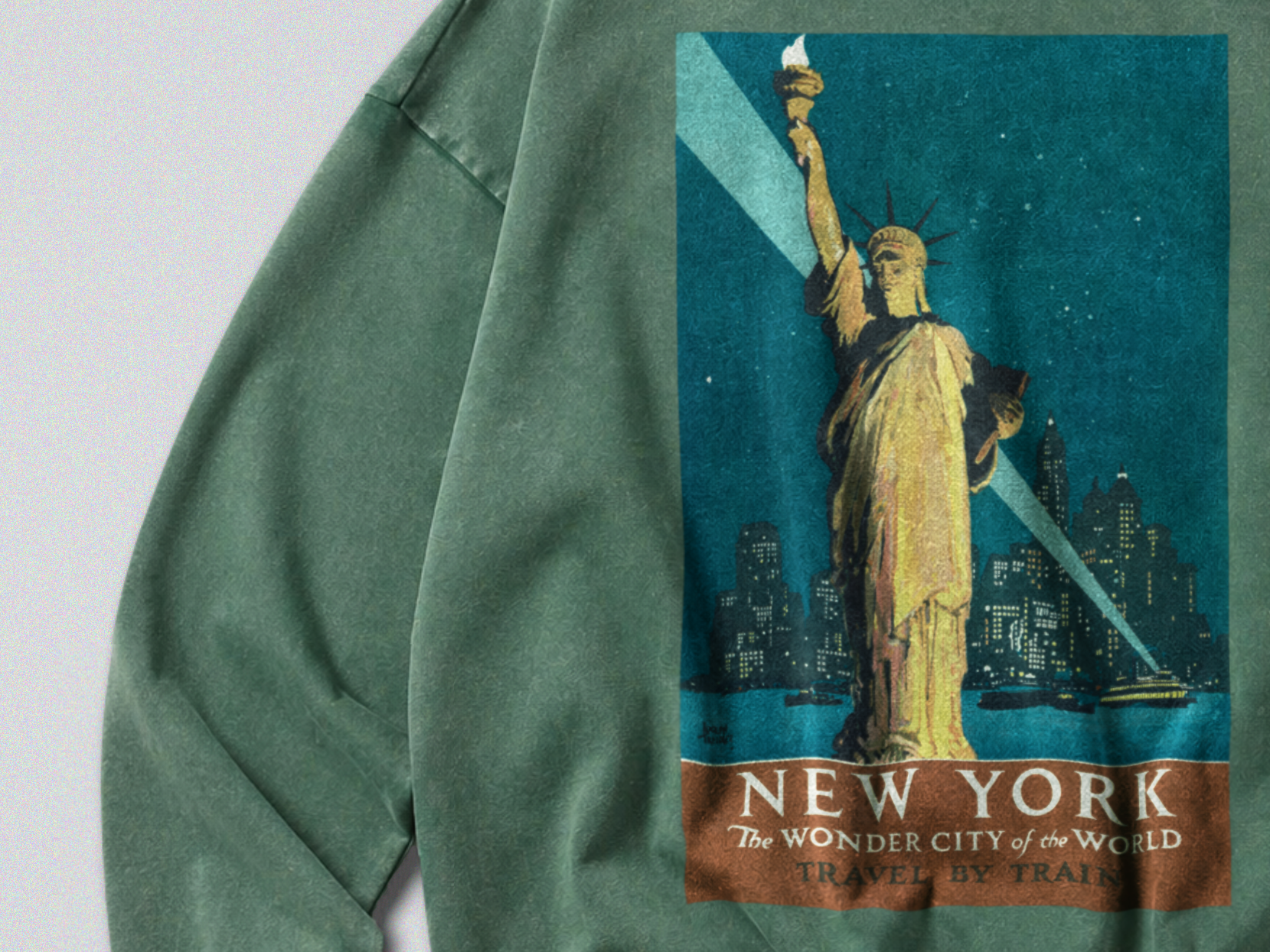 Oversized Snow Washed Cotton Sweatshirt - Statue of Liberty Print