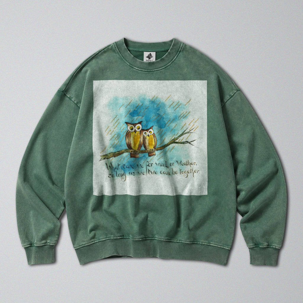 Oversized Snow Washed Cotton Sweatshirt - Owls in the Rain Print