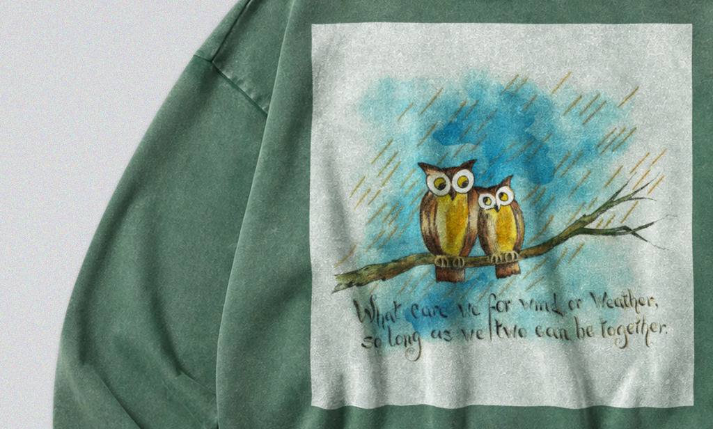Oversized Snow Washed Cotton Sweatshirt - Owls in the Rain Print