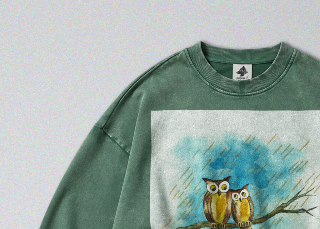 Oversized Snow Washed Cotton Sweatshirt - Owls in the Rain Print
