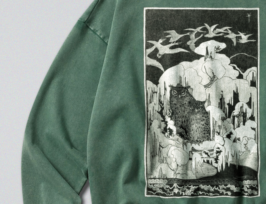 Oversized Snow Washed Cotton Sweatshirt - Owls in the Winter Snow Print