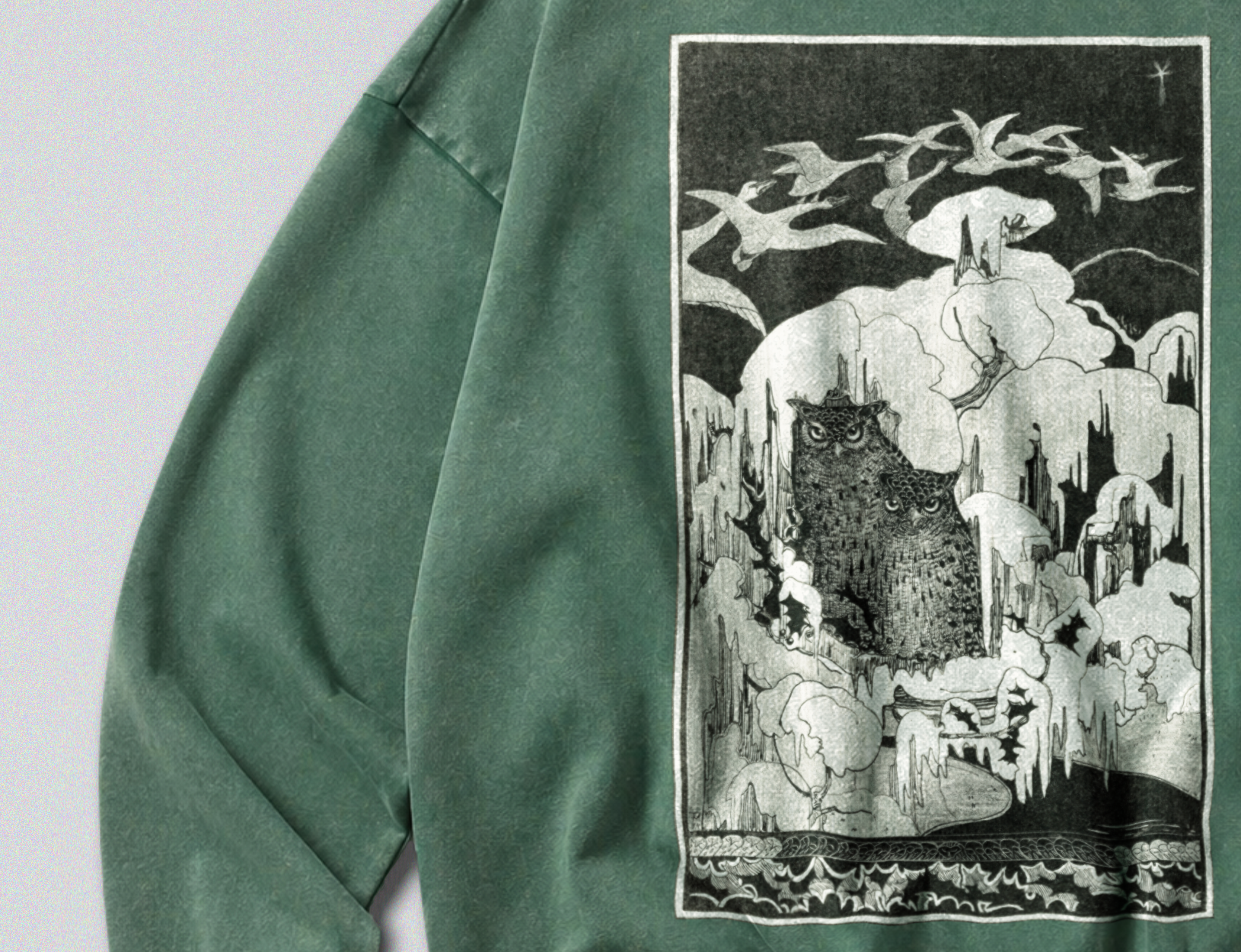 Oversized Snow Washed Cotton Sweatshirt - Owls in the Winter Snow Print