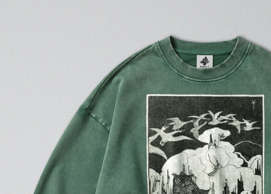 Oversized Snow Washed Cotton Sweatshirt - Owls in the Winter Snow Print