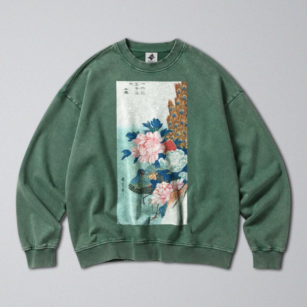 Oversized Snow Washed Cotton Sweatshirt - Japanese Peacock & Flowers Print