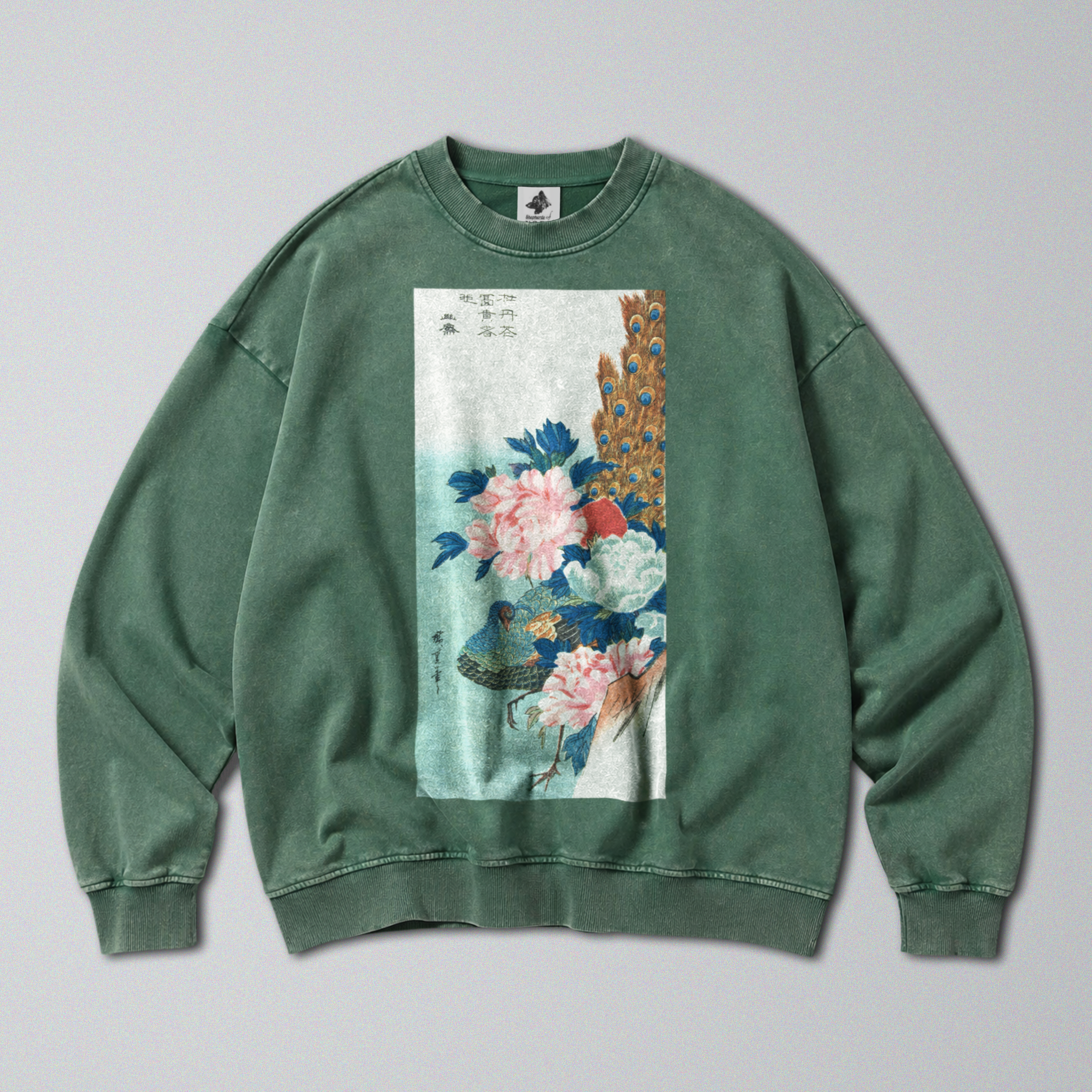 Oversized Snow Washed Cotton Sweatshirt - Japanese Peacock & Flowers Print
