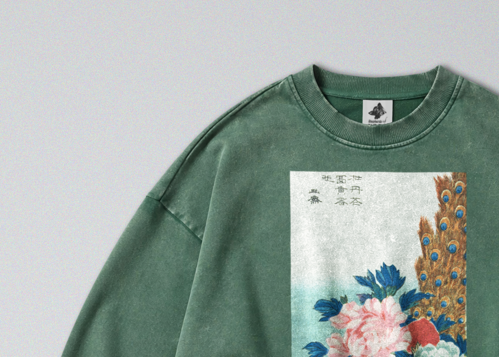 Oversized Snow Washed Cotton Sweatshirt - Japanese Peacock & Flowers Print