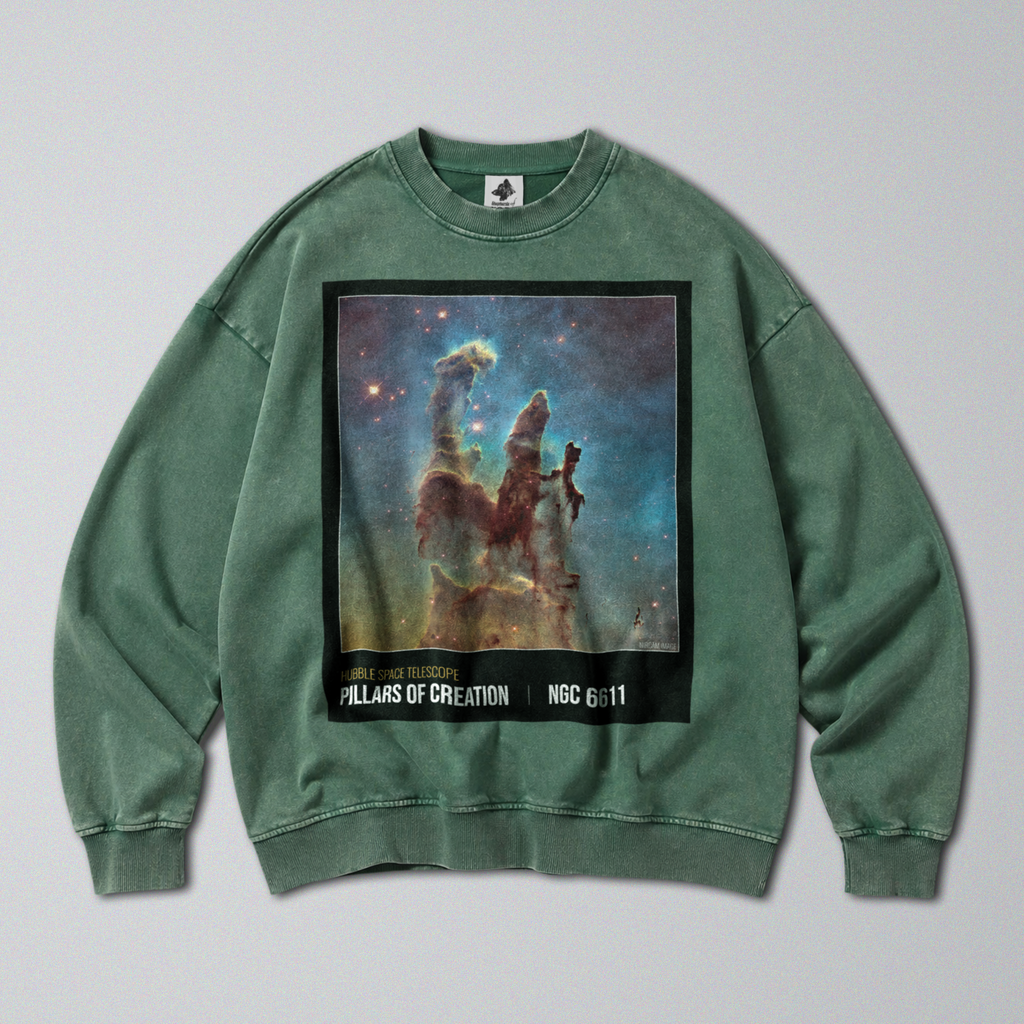 Oversized Snow Washed Cotton Sweatshirt - Pillars of Creation Nebula Print