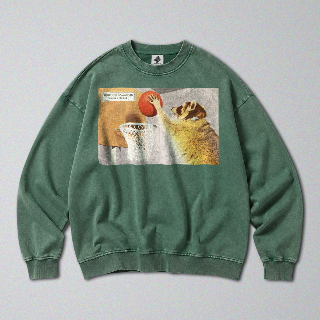 Oversized Snow Washed Cotton Sweatshirt - Funny Sporty Raccoon Print
