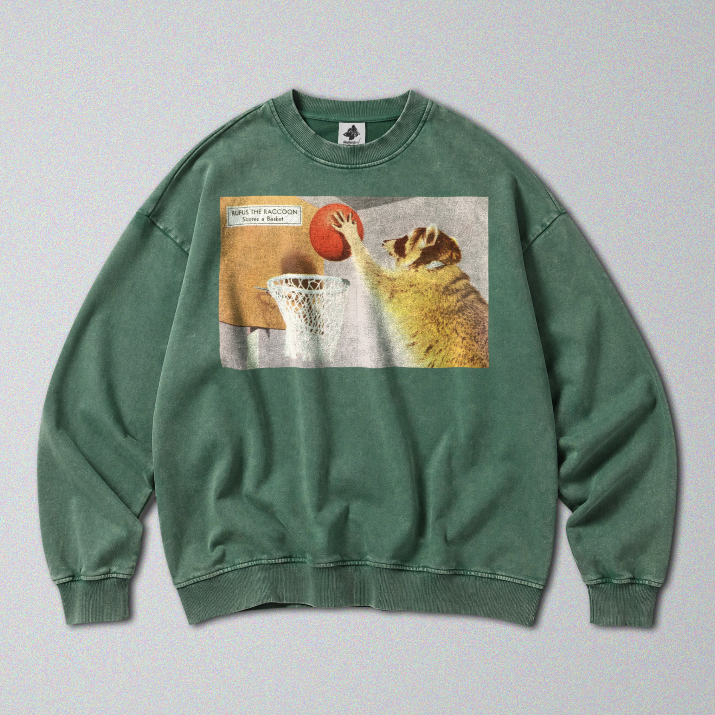 Oversized Snow Washed Cotton Sweatshirt - Funny Sporty Raccoon Print