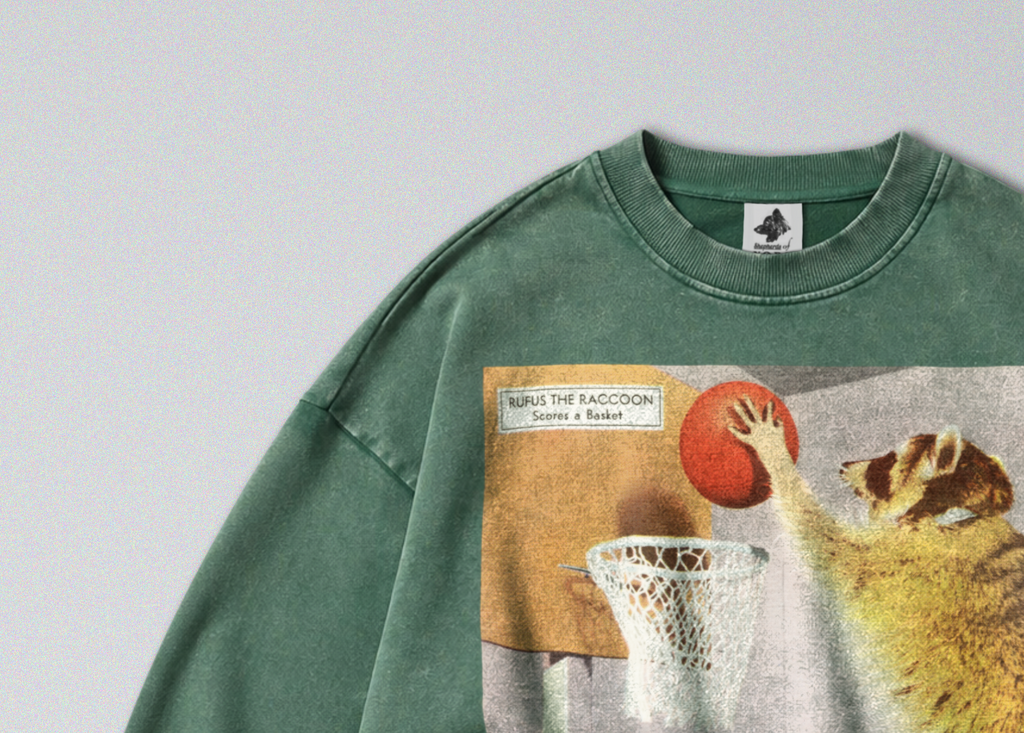 Oversized Snow Washed Cotton Sweatshirt - Funny Sporty Raccoon Print